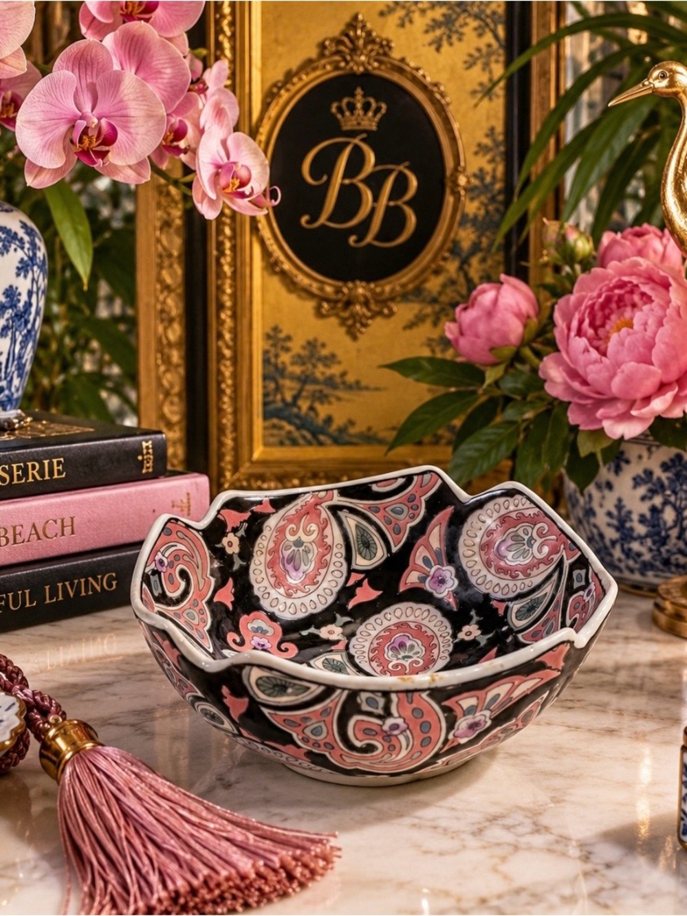 Vintage Famille Noire Style Black Pink Paisley Porcelain Bowl